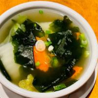 Seaweed Soup · Seaweed, american broccoli, carrot, napa in clear broth soup.