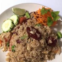 Sweet Sausage Fried Rice · Fried rice with egg, onion, carrot, tomato, scallion.