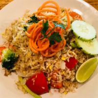 Thai Fried Rice · Fried rice with egg, onion, carrot, tomato, scallion.