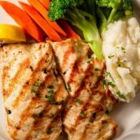 Grilled Chicken · Served with mashed potatoes and grilled vegetables.