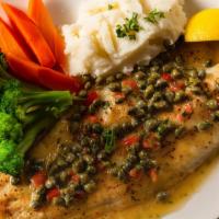 White Fish Filet · Served with mashed potatoes, brocolli and capers sauce