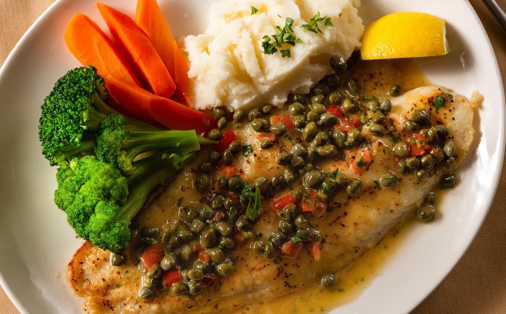 White Fish Filet · Served with mashed potatoes, brocolli and capers sauce