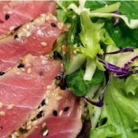 Seared Ahi Salad · Local organic mixed lettuce, shredded, green and purple cabbage, carrots, peppers sesame see...