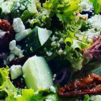 Mediterranean Salad · Mixed lettuce, red onion, dried tomatoes, kalamata olive, feta cheese, cucumber olive oil an...