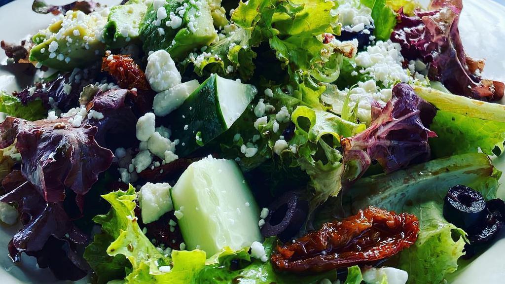 Mediterranean Salad · Mixed lettuce, red onion, dried tomatoes, kalamata olive, feta cheese, cucumber olive oil and balsamic vinegar.
