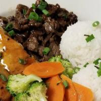 Combo Teriyaki Plate · Combo teriyaki plate with beef and chicken teriyaki served with seasonal vegetables and rice.