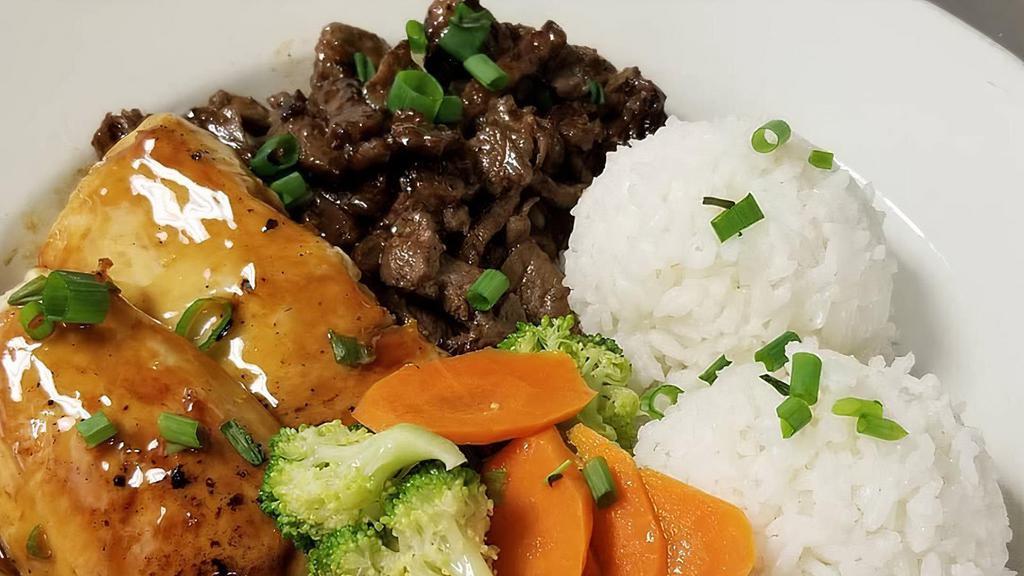 Combo Teriyaki Plate · Combo teriyaki plate with beef and chicken teriyaki served with seasonal vegetables and rice.