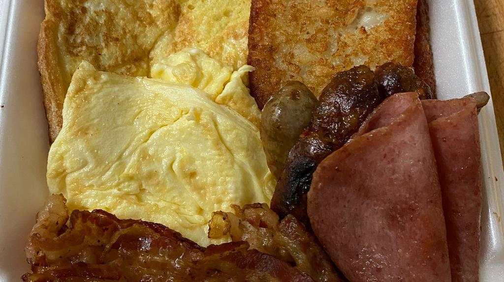 Maria'S Hungry Man Breakfast Platter · Two scrambled eggs,French Toast,Bacon,Sausage,Taylor Ham &Hash Brown Patties
