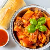 Rigatoni Bolognese · Served with buttered roll