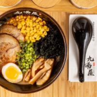 Kyushu Spicy Tonkotsu Ramen · Chashu pork, half marinated egg, bamboo shoots, corn, wakame, scallions, and nori.