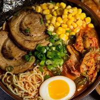 Korean Kimchi Ramen · Mild. Chashu pork, kimchi, half marinated egg, bamboo shoots, corn, wakame, scallions, and n...