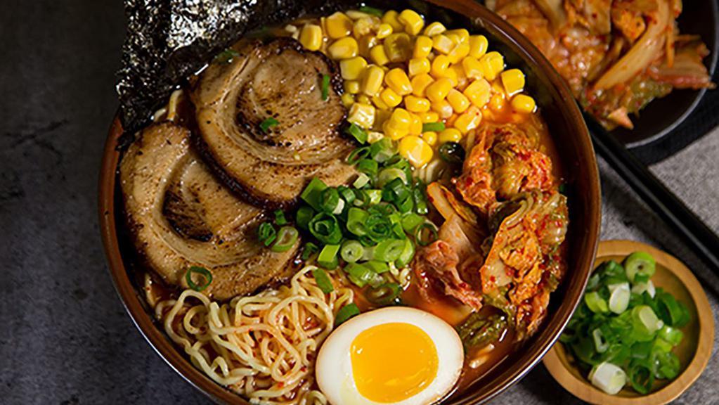 Korean Kimchi Ramen · Mild. Chashu pork, kimchi, half marinated egg, bamboo shoots, corn, wakame, scallions, and nori.