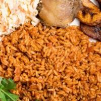 Jollof Rice · Signatire Nigerian style Jollof rice served with fried fish and fried plantains.