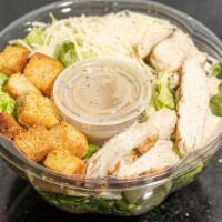 Chicken Caesar Salad · Romaine, chicken, crunchy croutons, Parmesan cheese, Caesar dressing.