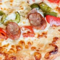The Antico Arturo · Sausage, peppers, onions and garlic evoo melted mozzarella