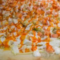 Vegan Buffalo Chicken Pizza · Delicious Vegan Pizza, topped with Vegan chicken and cheese accompanied by onion, mushrooms,...