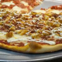 Vegan Chicken Bacon Ranch Pizza · Delicious 14 inch Vegan Pizza, topped with vegan chicken, vegan bacon, ranch dressing, and v...