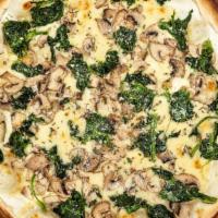 Vegan Mushrooms & Spinach Pizza · Delicious 14 inch Vegan Pizza, topped with sautéed mushrooms and spinach.