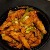 Chili Chicken · A perennial Indian-Chinese favorite soy-sauce, green chili peppers and garlic.