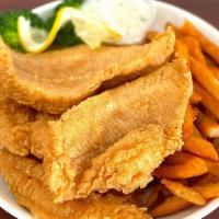 Fried Catfish Basket (4) · 4 crispy, fresh catfish filets. Deep fried and seasoned. Served with your choice of fries.