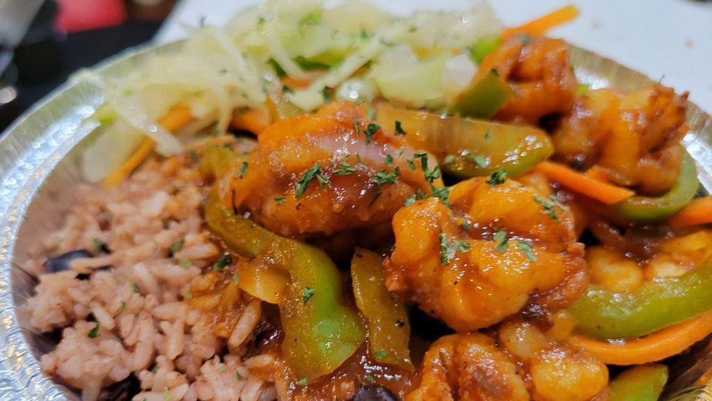 Jerk Shrimp · serve with (rice and peas ) or (white rice) and raw veggies.
