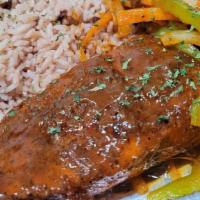 Jerk Salmon · serve with (rice and peas ) or (white rice) and raw veggies.
