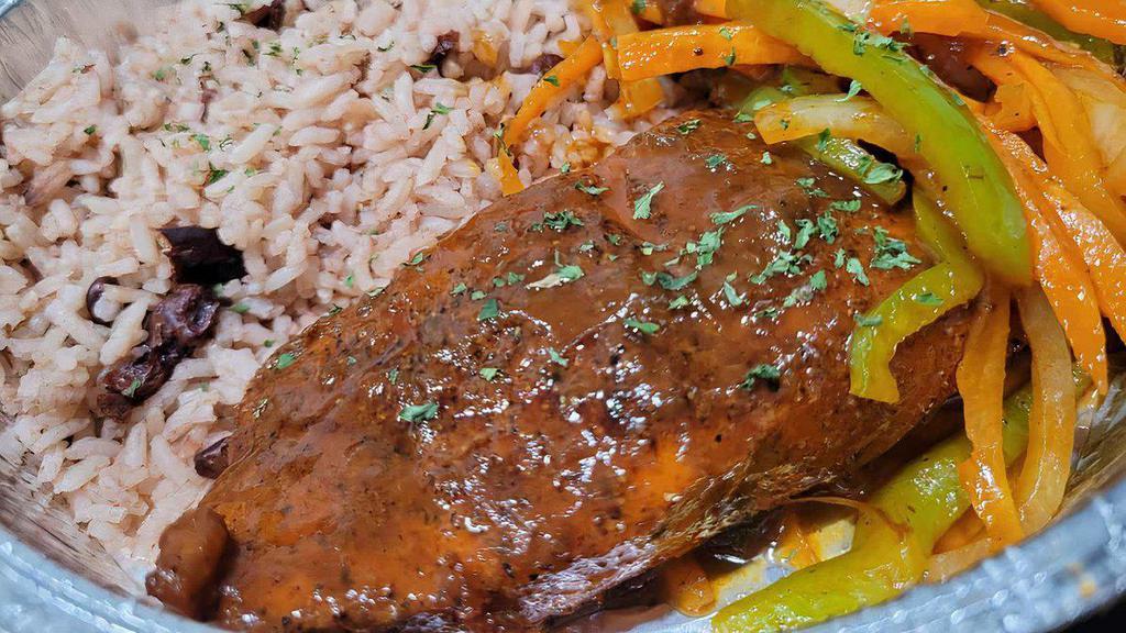 Jerk Salmon · serve with (rice and peas ) or (white rice) and raw veggies.