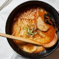 Spicy Tonkotsu · Pork bone stock. Thin noodle. Pork broth with full flavor creamy texture cooked for hours on...
