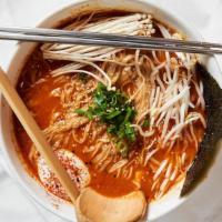 Kimchi Ramen · Extra hot. Chicken broth, jin noodle, topped with enoki mushrooms, tofu, scallions, sesame s...