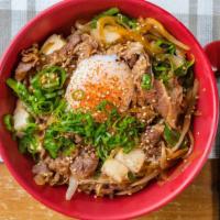 Sukiyaki Don · Thinly sliced beef brisket, tofu, onions, shishito peppers, enoki mushrooms. Topped with poa...