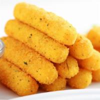 6 Pc Mozzarella Sticks With Fries · A scrumptious collection of large mozzarella sticks, hand-breaded, and fried golden brown.