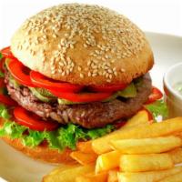 Angus Beef Burger · Juicy 1/3 lb beef patty served with tomatoes, onions, lettuce, mayonaise, and mustard.