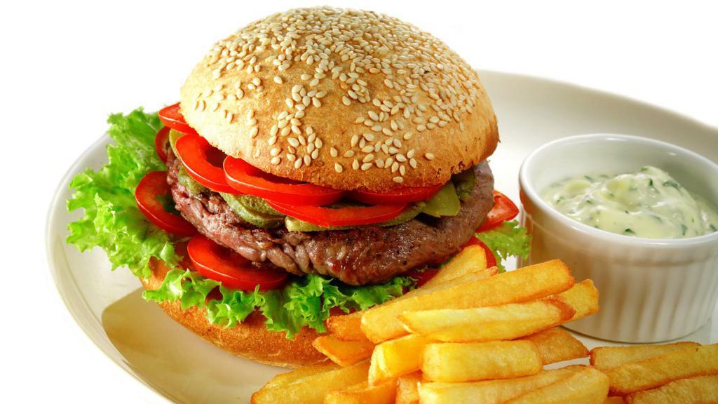Angus Beef Burger · Juicy 1/3 lb beef patty served with tomatoes, onions, lettuce, mayonaise, and mustard.