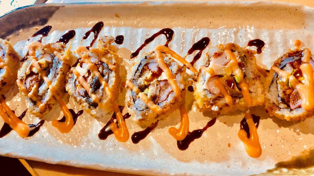 I'M Broke · A deep fried roll with avocado, crabmeat, eel, and cream cheese. Eel sauce, spicy mayo.