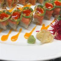 Express 999 · Spicy tuna and jalapeno on top of California roll with chili sauce. Spicy mayo, chili sauce.
