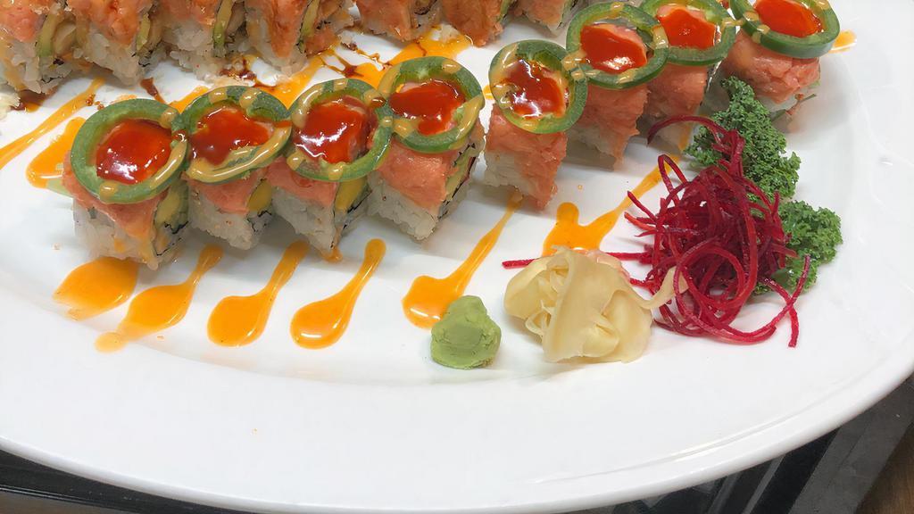 Express 999 · Spicy tuna and jalapeno on top of California roll with chili sauce. Spicy mayo, chili sauce.