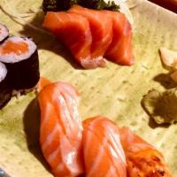 Salmon Mania · Two piece salmon sushi, two piece  salmon sashimi, salmon roll.