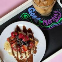 Peanut Butter Toast · GF Vegan Focaccia or Superfood Veggie Bread with peanut butter, banana, chocolate drizzle, a...
