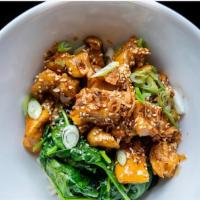 Soy Chicken Rice Bowl · spinach \ sesame seeds\ crispy shallots \ rice