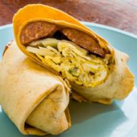 Tsb Breakfast Burrito · Chorizo, pepper jack cheese, eggs, red onion with fresh jalapeño.