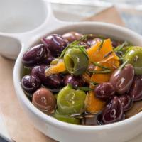 Marinated Olives · Chef's choice of mixed artisanal olives. Preserved lemon, fresh rosemary & oregano. (V) (Veg.)