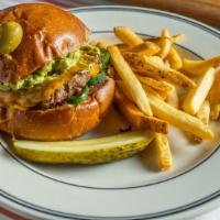 South Of The Border Burger · Pepper Jack cheese, hickory smoked bacon, avocado slices and chipotle mayo.