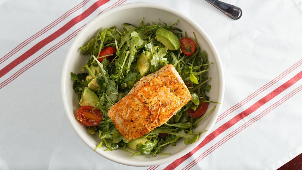 Simple Salmon Salad · Tomato, cucumber, avocado and arugula, tossed in lemon vinaigrette dressing, topped with herb grilled salmon.