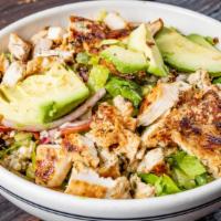 Chopped Cobb Salad · Romaine lettuce, tomatoes, egg, chicken, avocado, bacon, bleu cheese and red onion with your...