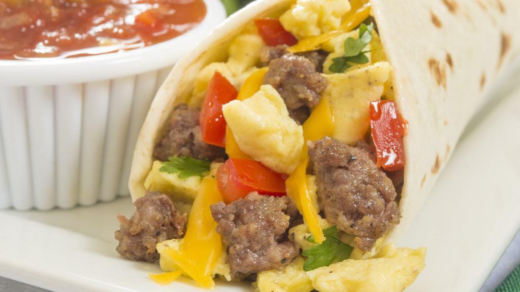 Sausage & Egg Burrito · Bodega-style breakfast burritos with two scramble eggs, cheddar cheese, sausage, and hash brown.
