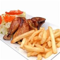 1/2 Pollo Con Papas Fritas Y Ensalada · 1/2 Rotisserie Chicken served with French fries & salad.