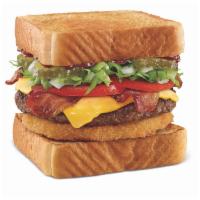Bacon Cheeseburger Toaster · Hickory Sauce,lettuce, tomato, pickles, onions, cheese, bacon, one onion ring, on toast.