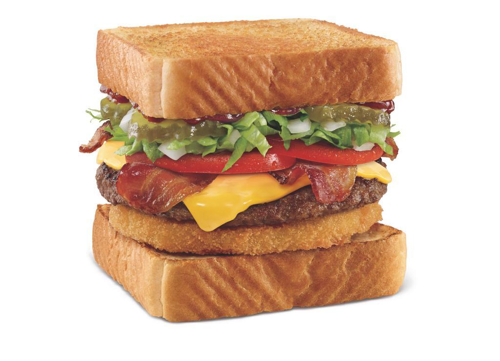 Bacon Cheeseburger Toaster · SONIC'S 100% pure beef patty topped with BBQ sauce, pickles, onions, lettuce, sliced tomato,  crispy bacon, and one handmade onion ring. All on our fresh Texas Toast.
