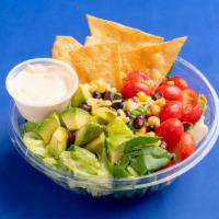 Tex Mex Ensalada · Romaine lettuce, cherry tomatoes, Avocado, Corn, Black beans with Chipotle Ranch dressing