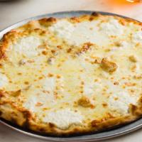 Ricotta Pie · lemon ricotta, mozzarella, Parmigiano-Reggiano, garlic confit, basil oil